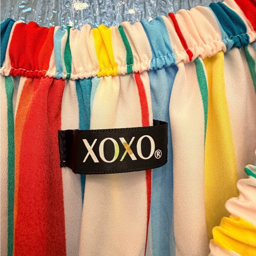 XOXO Off Shoulder Multicolor Striped High Low Maxi Dress Tassle Trim Boho Size M - Picture 2 of 11